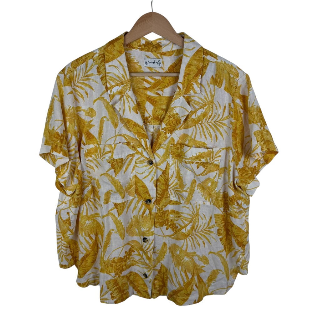 Wonderly Tropical Leaf Print Linen‎ Blend Button Up Shirt Sz 2X/3X Yellow Resort